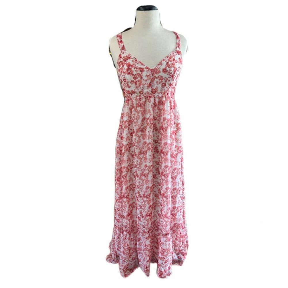 Lulus My Love Story Pink White Floral Tie-Back Maxi Dress Size M Chiffon Wedding